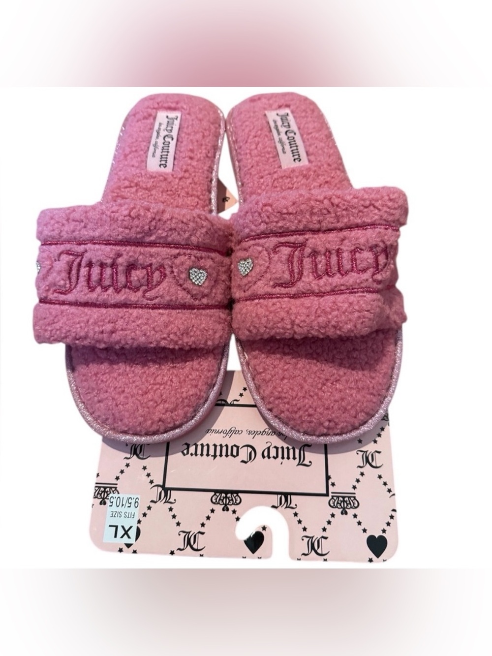 Juicy Couture Pink Sherpa Fuzzy Slippers Open Toe Slides NWT Size XL 9.5/10.5 US